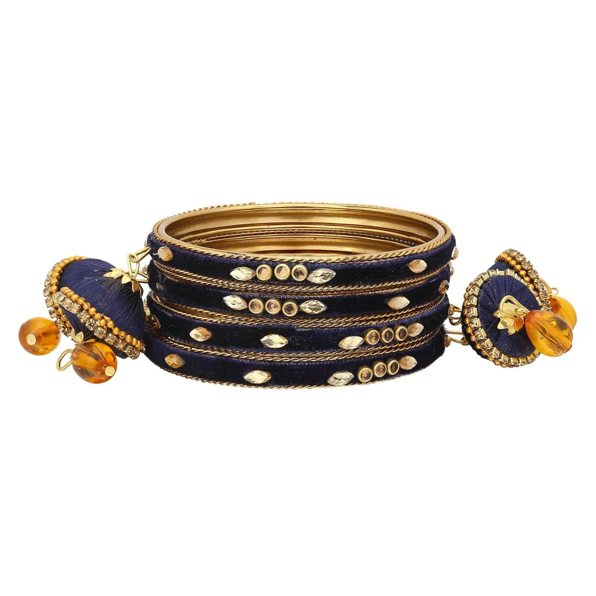 Sukriti Designer Silk Thread Tassel Latkan Velvet Navy-Blue Bangle for Girls & Women – Set of 4