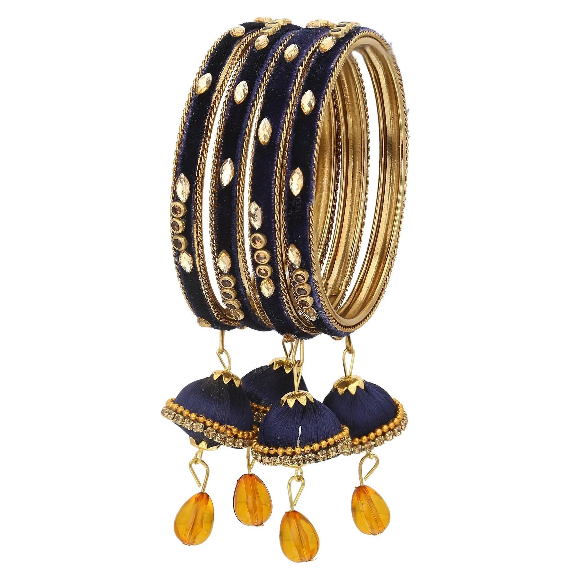 Sukriti Designer Silk Thread Tassel Latkan Velvet Navy-Blue Bangle for Girls & Women – Set of 4