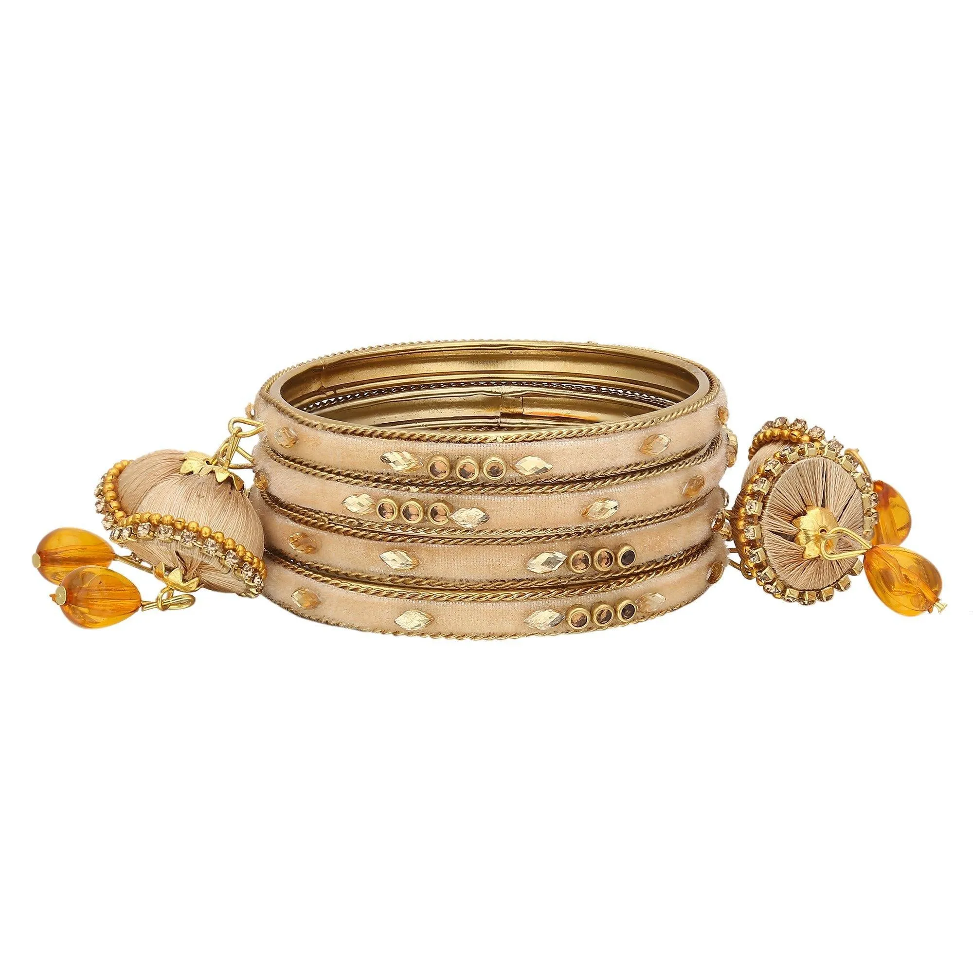 Sukriti Indian Designer Silk Thread Tassel Latkan Velvet Golden Bangle for Girls & Women – Set of 4