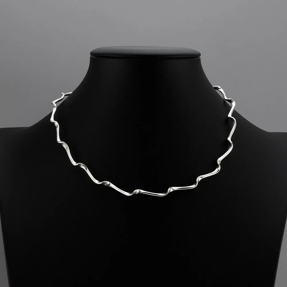 Thin Sterling Silver Wavy Choker Necklace