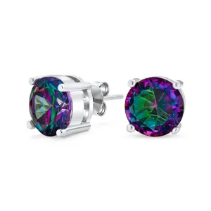 Unisex Black Mystic Rainbow CZ Stud Earrings Sterling Silver - Round/Square 5-10MM