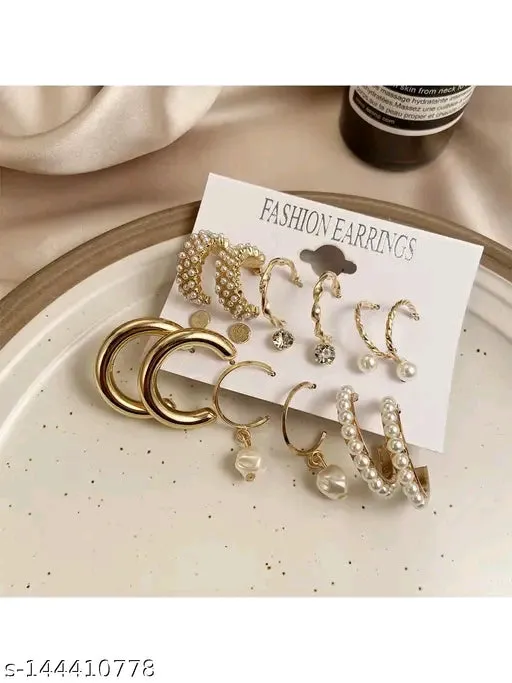 Vembley Combo of 9 Pair Stylish Gold Plated Pearl Hoop Earrings for Women and Girls