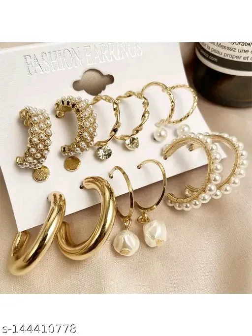Vembley Combo of 9 Pair Stylish Gold Plated Pearl Hoop Earrings for Women and Girls