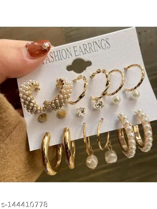 Vembley Combo of 9 Pair Stylish Gold Plated Pearl Hoop Earrings for Women and Girls