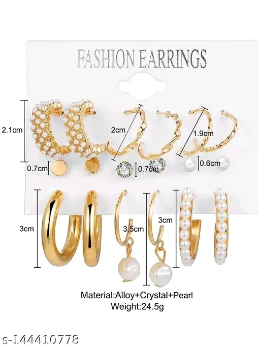 Vembley Combo of 9 Pair Stylish Gold Plated Pearl Hoop Earrings for Women and Girls