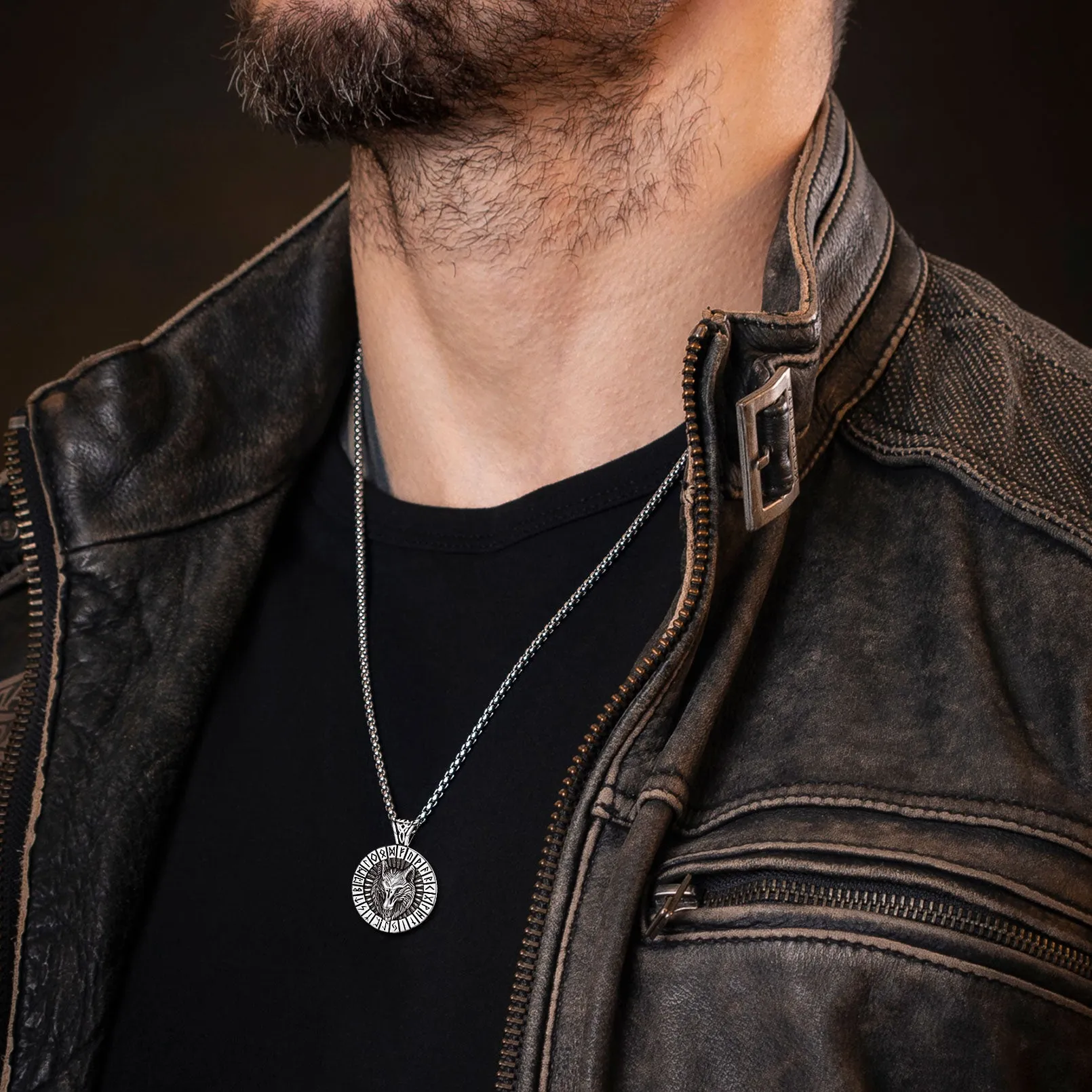Viking Wolf Medal Necklace With Runes Jewelry For Men