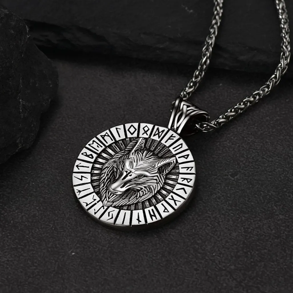 Viking Wolf Medal Necklace With Runes Jewelry For Men