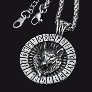 Viking Wolf Medal Necklace With Runes Jewelry For Men