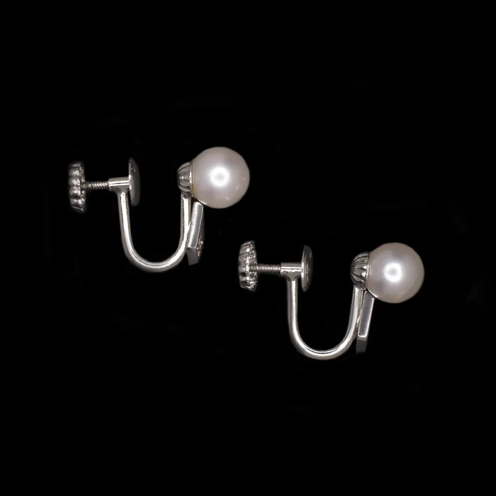 VINTAGE PEARL DIAMOND 14k WHITE GOLD EARRINGS RETRO ESTATE STUD GIFT CLASSIC