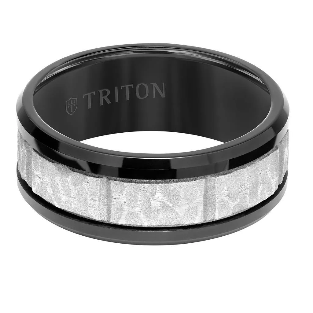 WHIT Black Tungsten Sandblasted Hammered Grooved Center Wedding Ring with Polished Beveled Edges by Triton Rings - 9mm