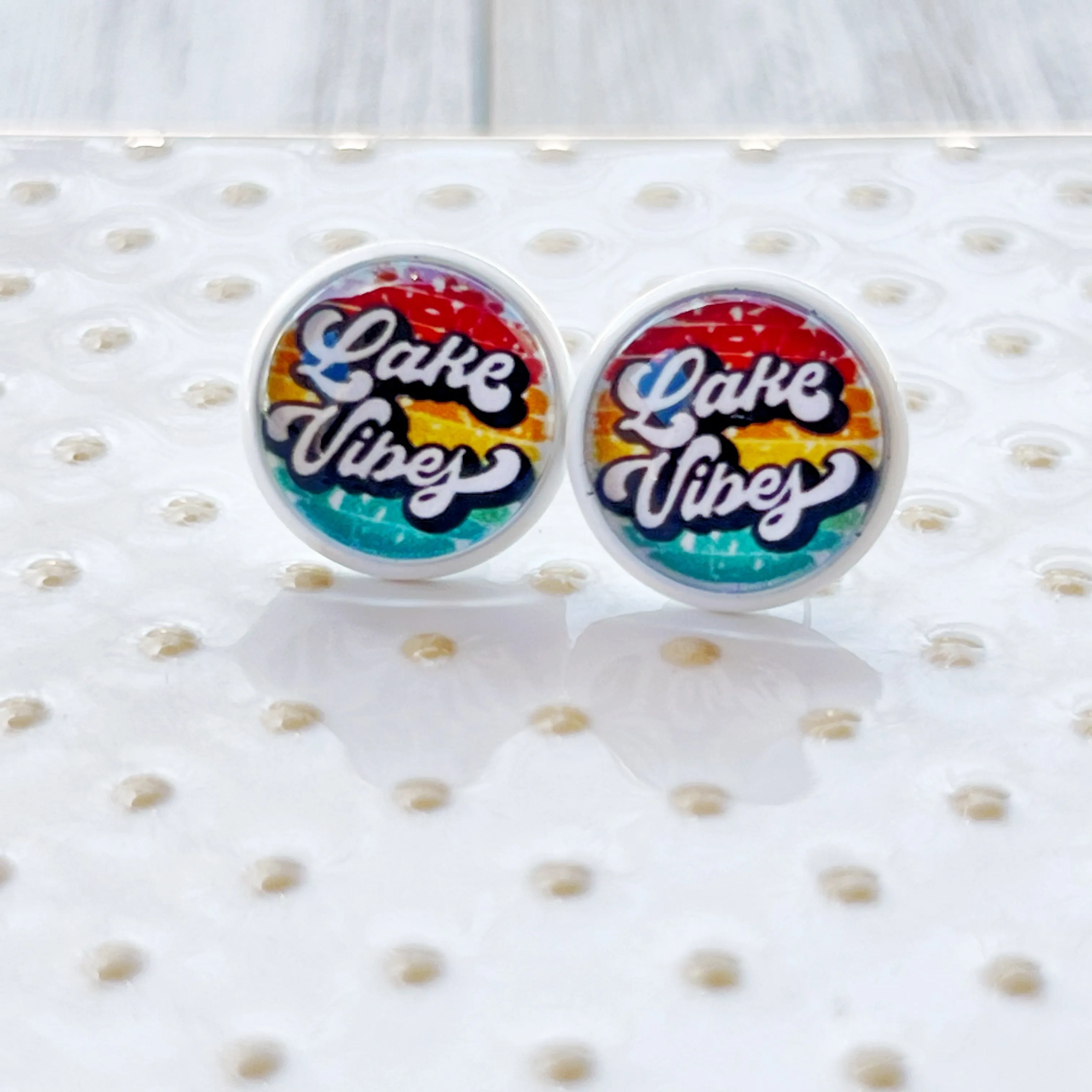 White Stud Earrings with 'Lake Vibes' - Stylish & Vibrant Accessories