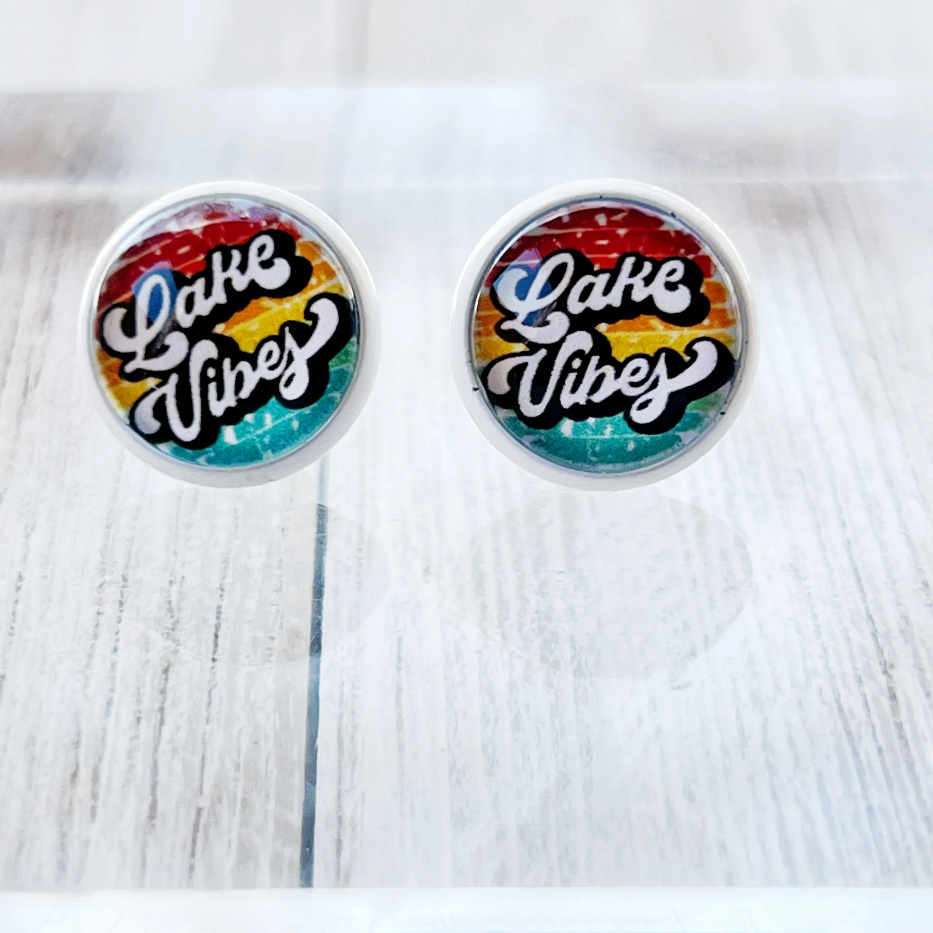 White Stud Earrings with 'Lake Vibes' - Stylish & Vibrant Accessories