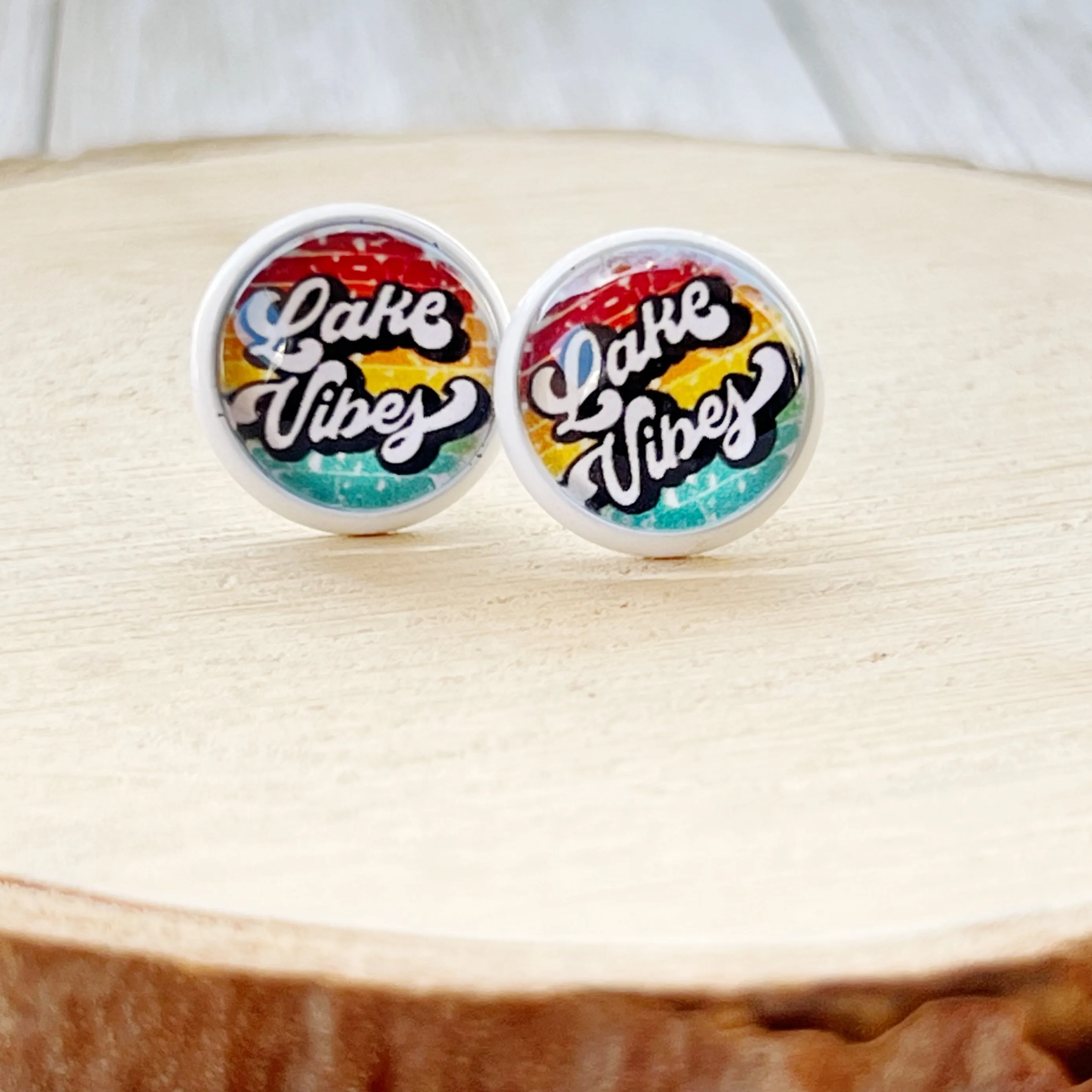 White Stud Earrings with 'Lake Vibes' - Stylish & Vibrant Accessories