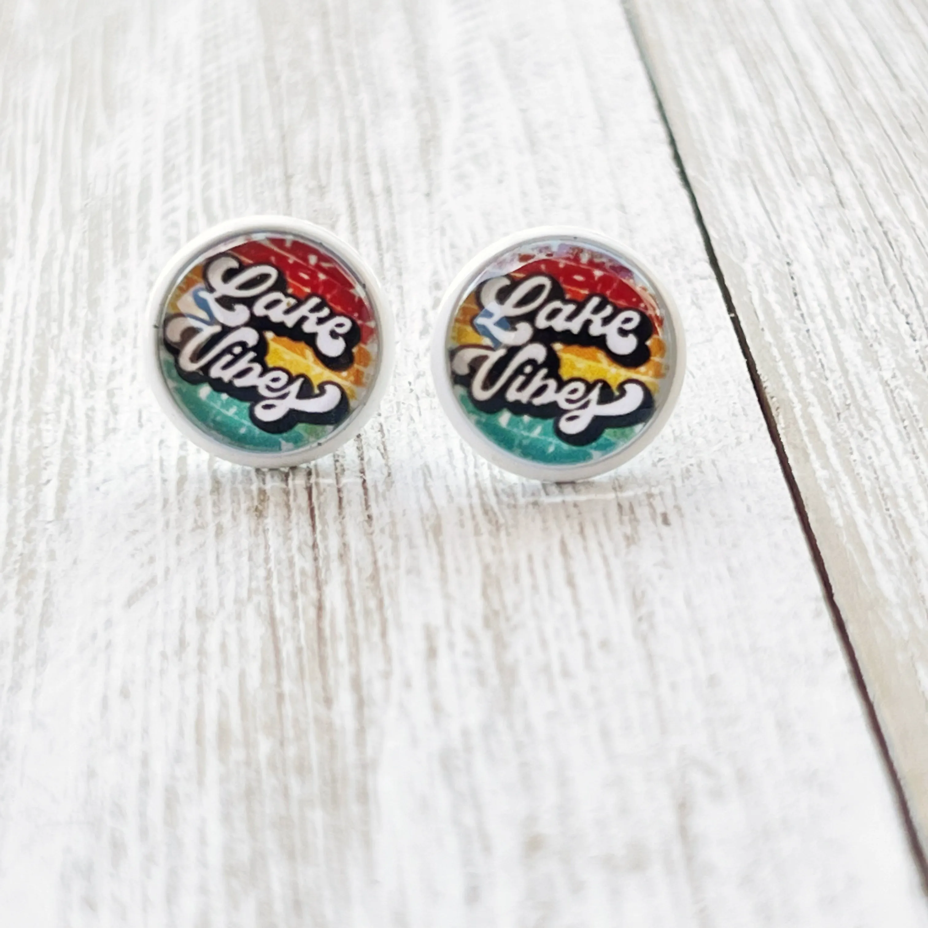 White Stud Earrings with 'Lake Vibes' - Stylish & Vibrant Accessories