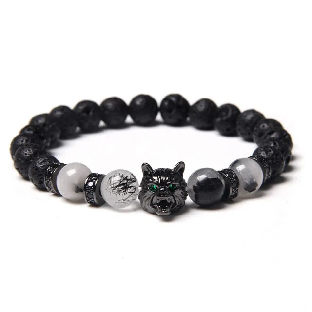Wolf Charm Lava Stone Bracelet