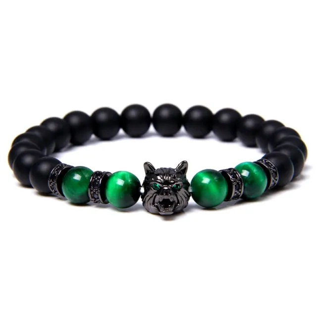 Wolf Charm Lava Stone Bracelet