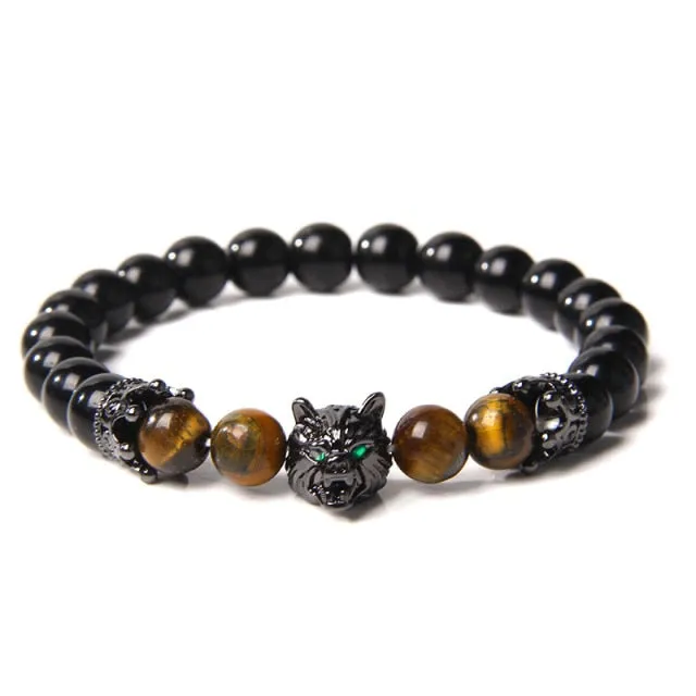 Wolf Charm Lava Stone Bracelet