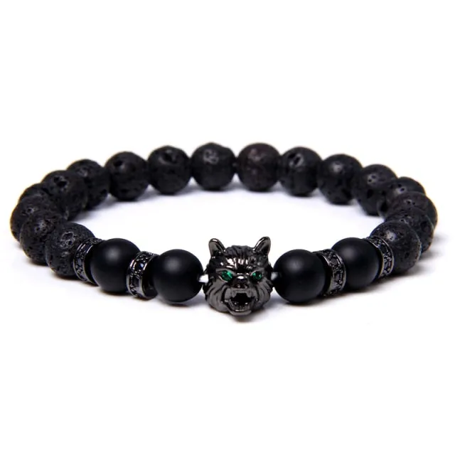 Wolf Charm Lava Stone Bracelet