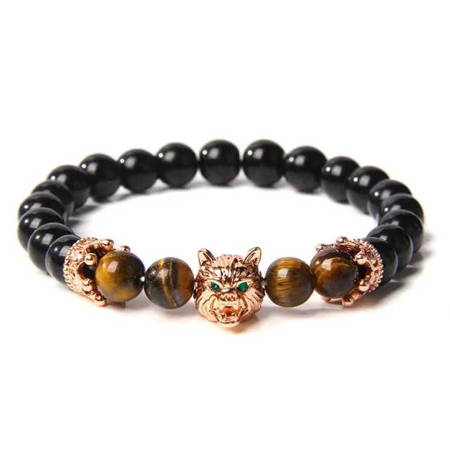 Wolf Charm Lava Stone Bracelet