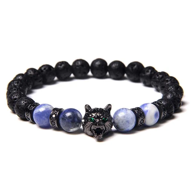 Wolf Charm Lava Stone Bracelet