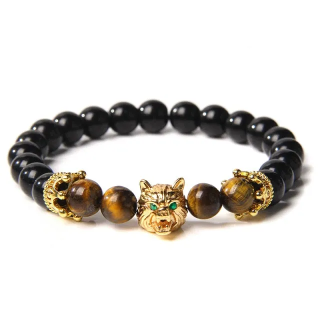 Wolf Charm Lava Stone Bracelet