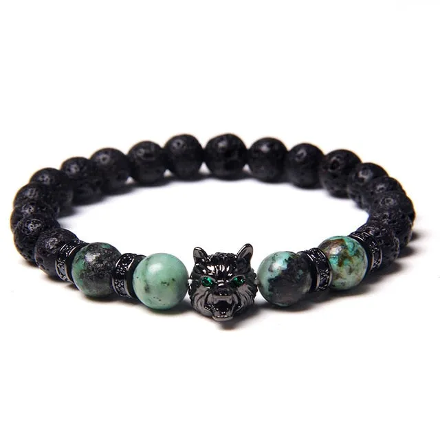 Wolf Charm Lava Stone Bracelet