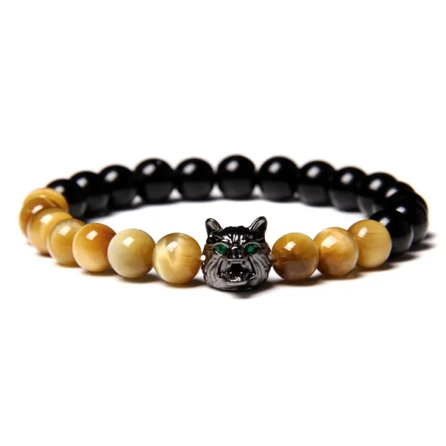 Wolf Charm Lava Stone Bracelet