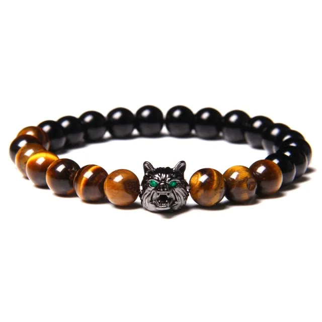 Wolf Charm Lava Stone Bracelet