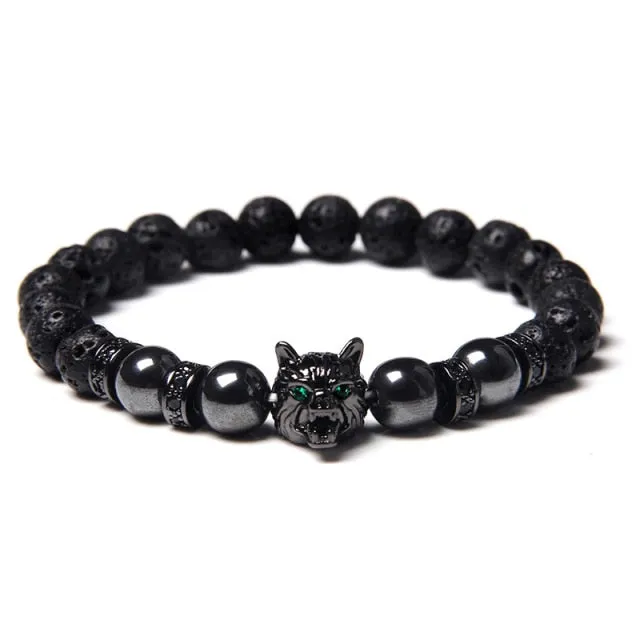 Wolf Charm Lava Stone Bracelet