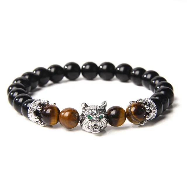 Wolf Charm Lava Stone Bracelet
