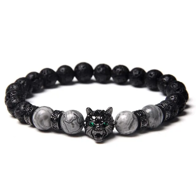 Wolf Charm Lava Stone Bracelet