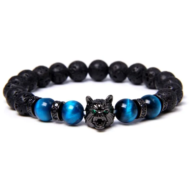 Wolf Charm Lava Stone Bracelet
