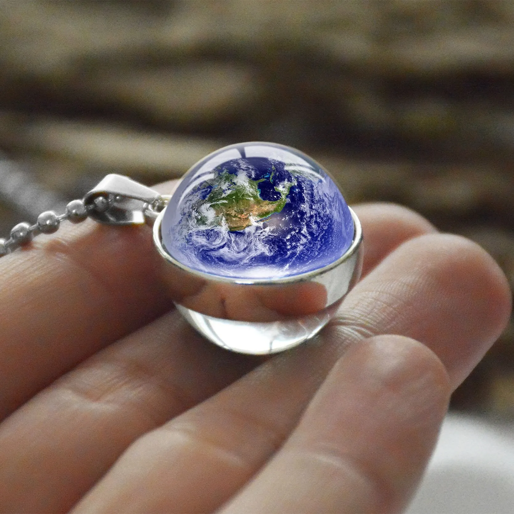 Women Double Side Glass Ball Earth Planet Galaxy Astronomy Pendant Necklaces
