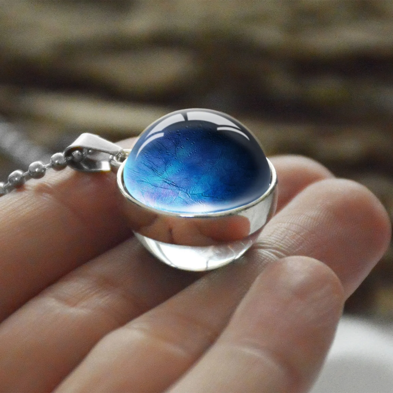 Women Double Side Glass Ball Earth Planet Galaxy Astronomy Pendant Necklaces