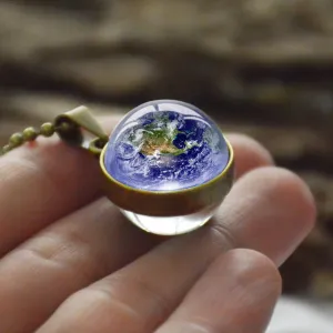 Women Double Side Glass Ball Earth Planet Galaxy Astronomy Pendant Necklaces